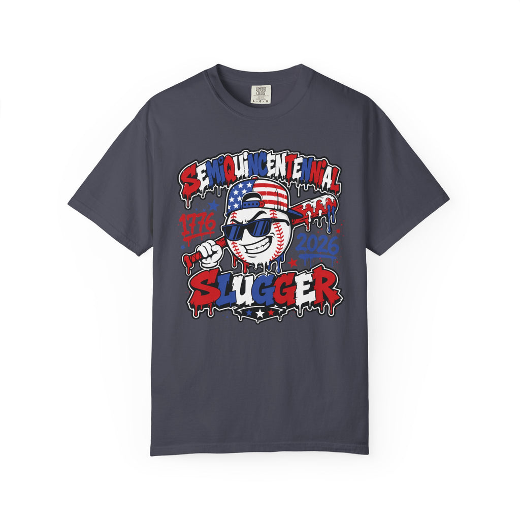 Semiquincentennial Slugger T-Shirt — 1776–2026 Patriotic Baseball Tee