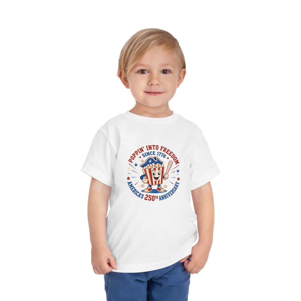 Retro Popcorn Toddler Tee — “Poppin’ Into Freedom” 250th Anniversary Patriotic Popcorn Graphic