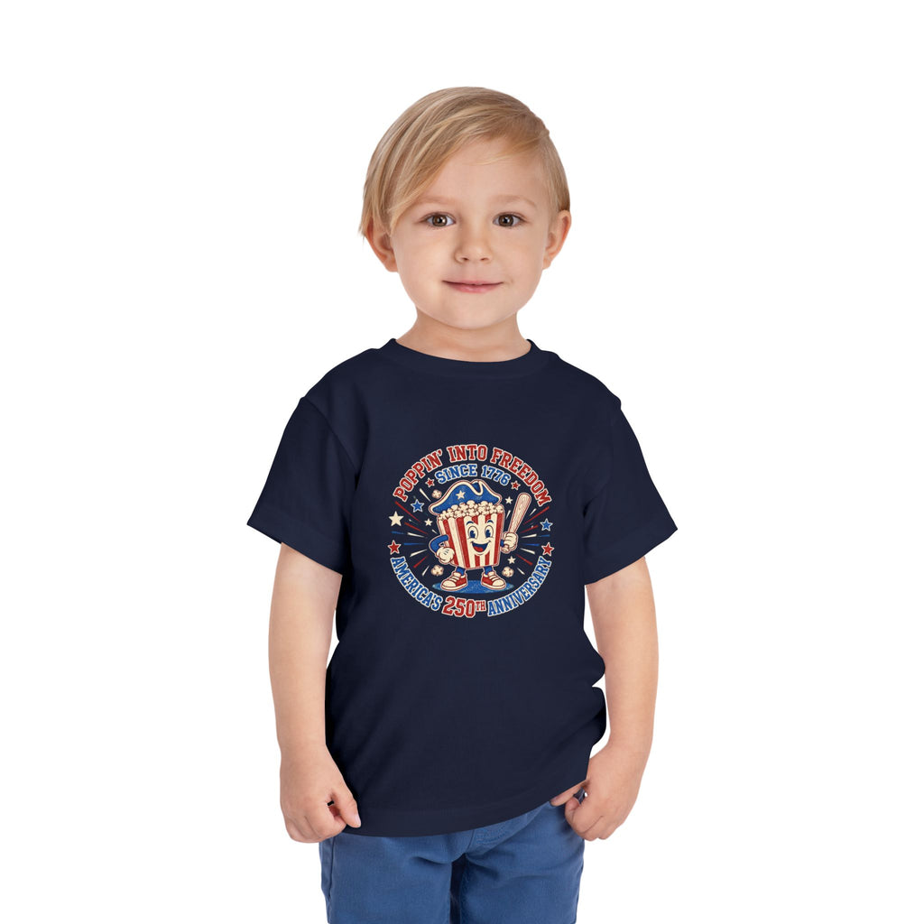 Retro Popcorn Toddler Tee — “Poppin’ Into Freedom” 250th Anniversary Patriotic Popcorn Graphic