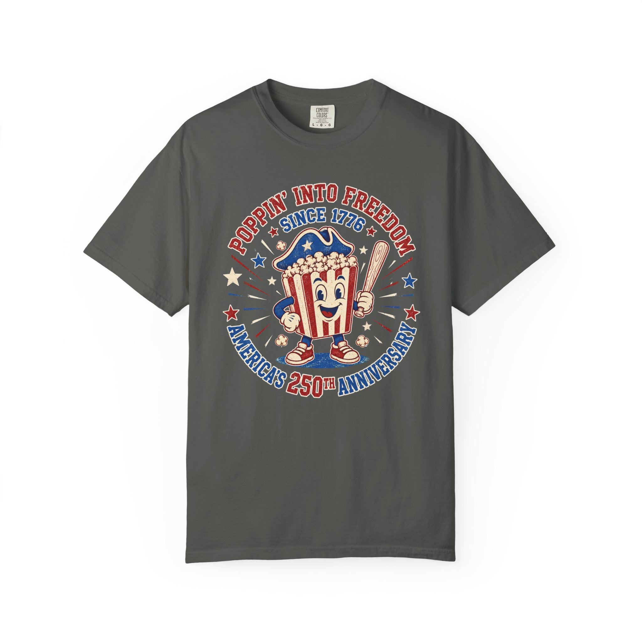 T-Shirt — "Poppin' Into Freedom" 250th Anniversary Patriotic Popcorn Tee