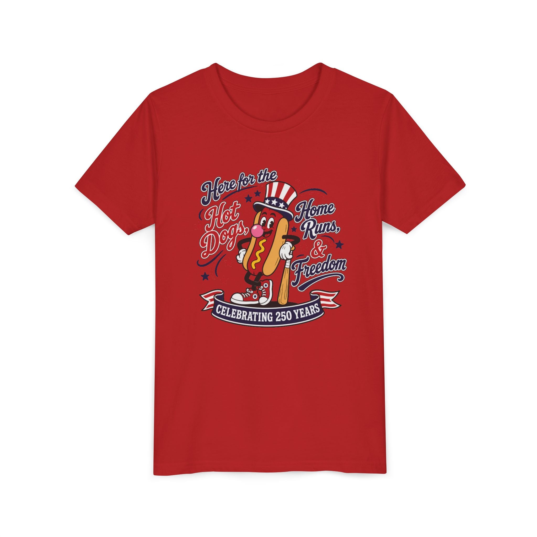 Youth Tee – 'Here for the Hot Dogs, Home Runs & Freedom' Patriotic 4th of July Baseball Shirt