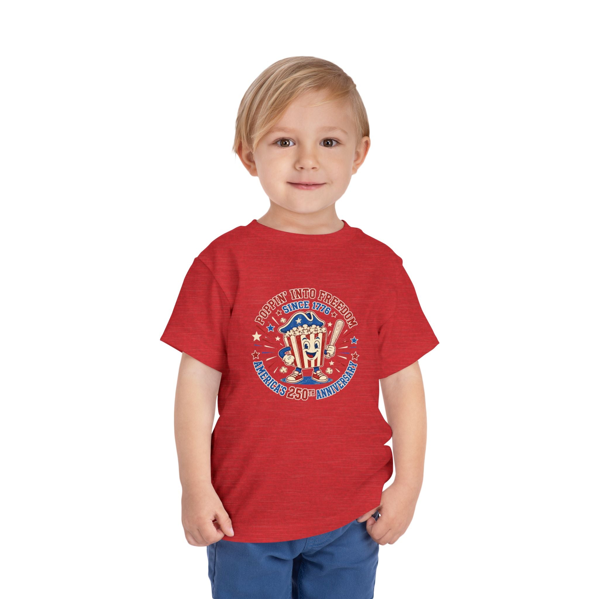 Retro Popcorn Toddler Tee — “Poppin’ Into Freedom” 250th Anniversary Patriotic Popcorn Graphic