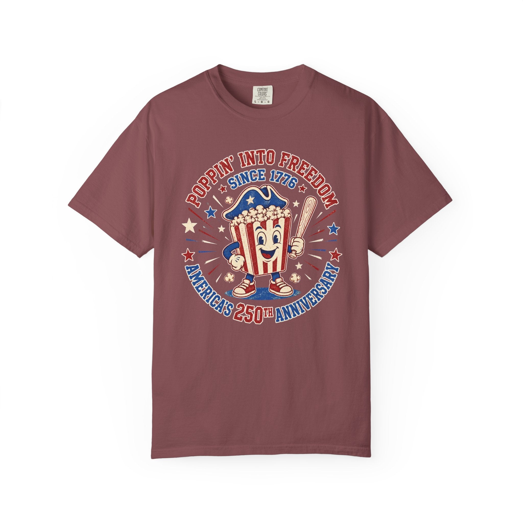 T-Shirt — "Poppin' Into Freedom" 250th Anniversary Patriotic Popcorn Tee