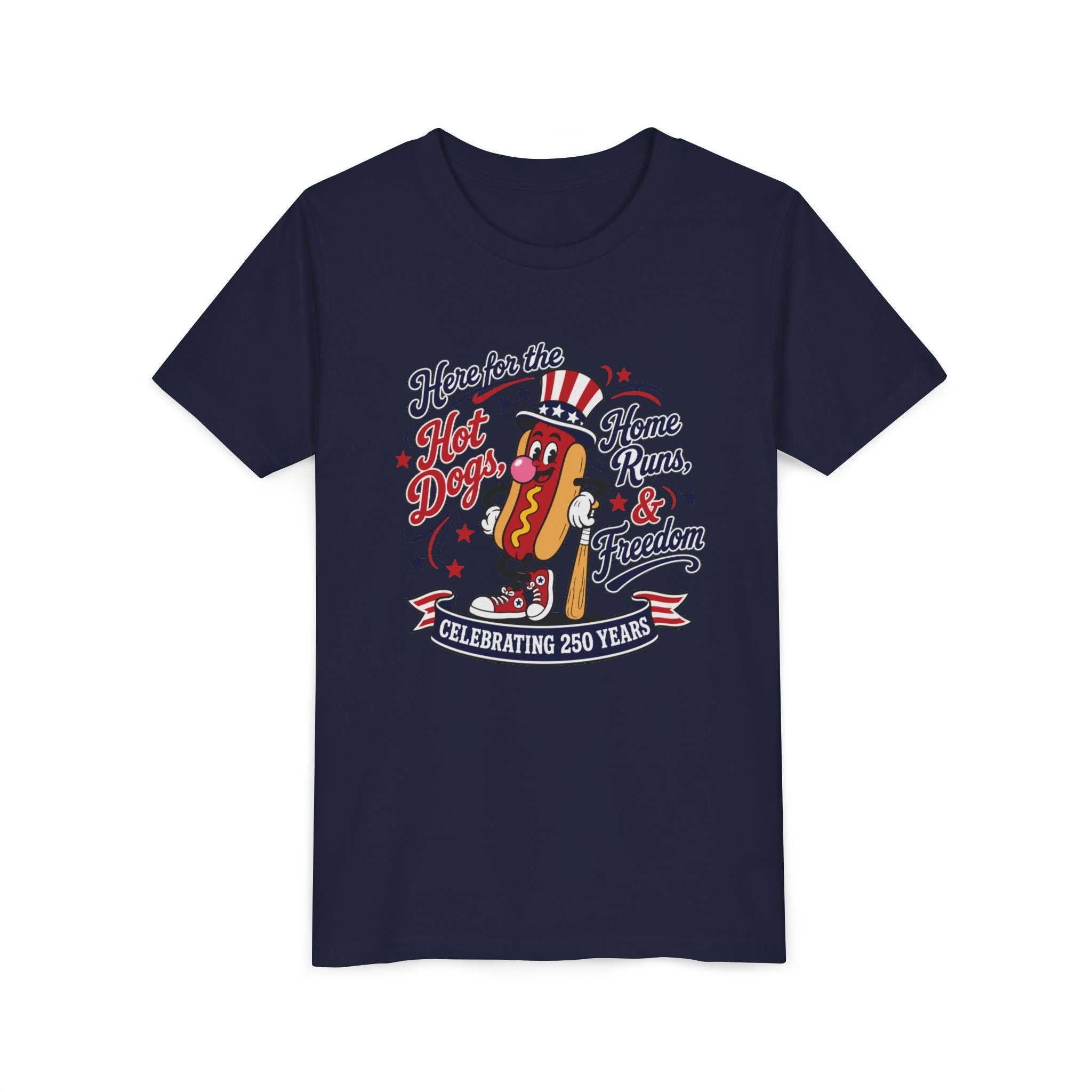 Youth Tee – 'Here for the Hot Dogs, Home Runs & Freedom' Patriotic 4th of July Baseball Shirt