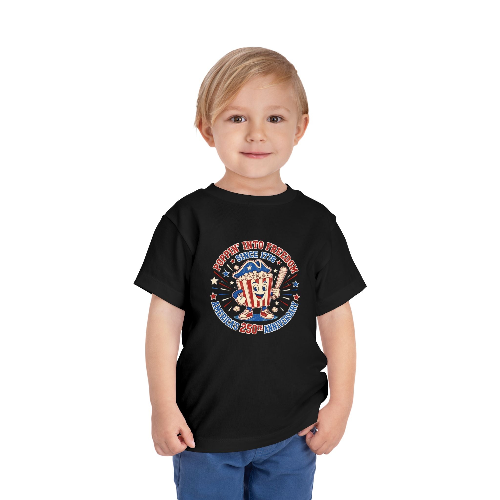 Retro Popcorn Toddler Tee — “Poppin’ Into Freedom” 250th Anniversary Patriotic Popcorn Graphic