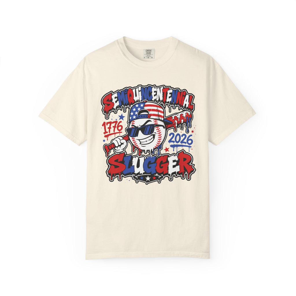 Semiquincentennial Slugger T-Shirt — 1776–2026 Patriotic Baseball Tee