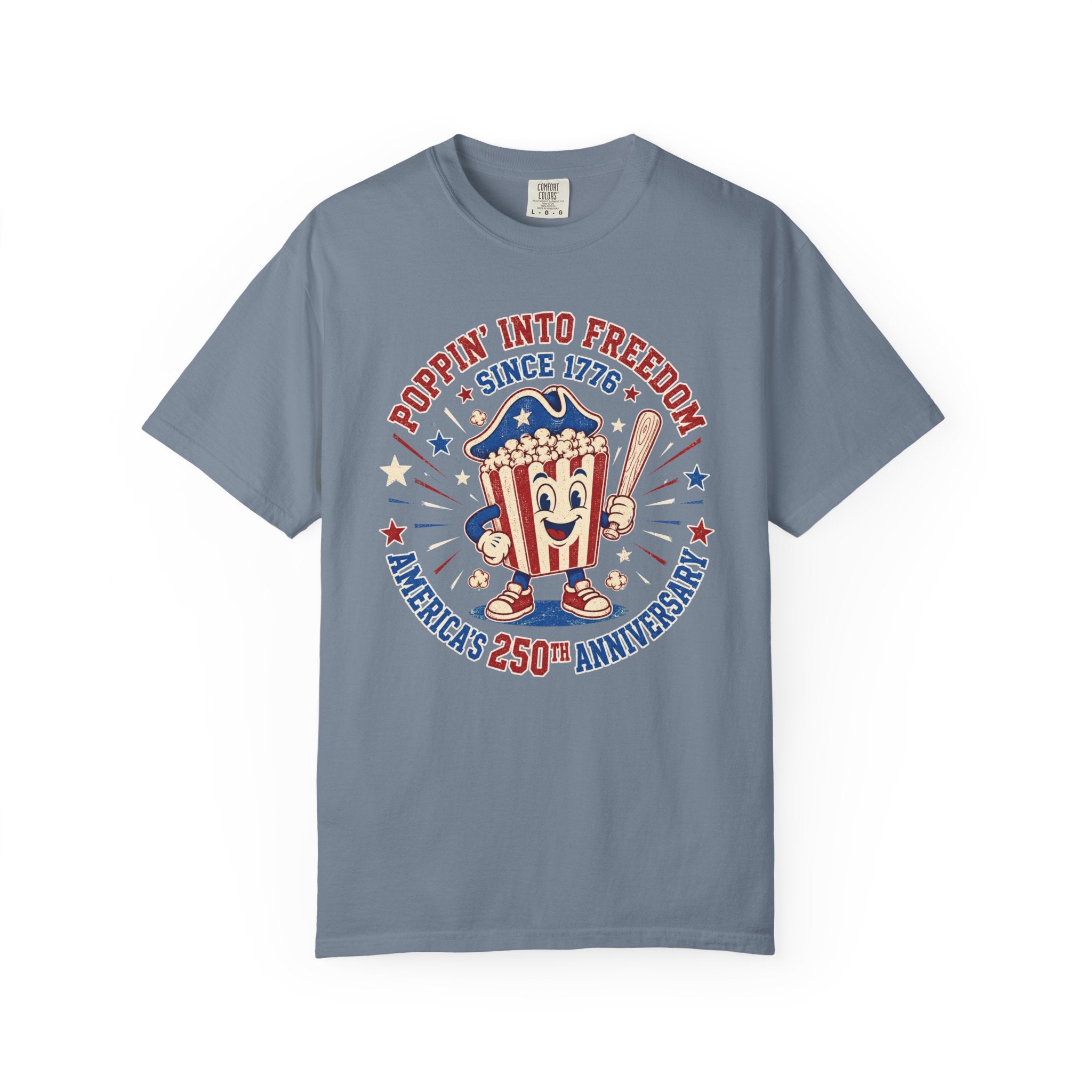 T-Shirt — "Poppin' Into Freedom" 250th Anniversary Patriotic Popcorn Tee