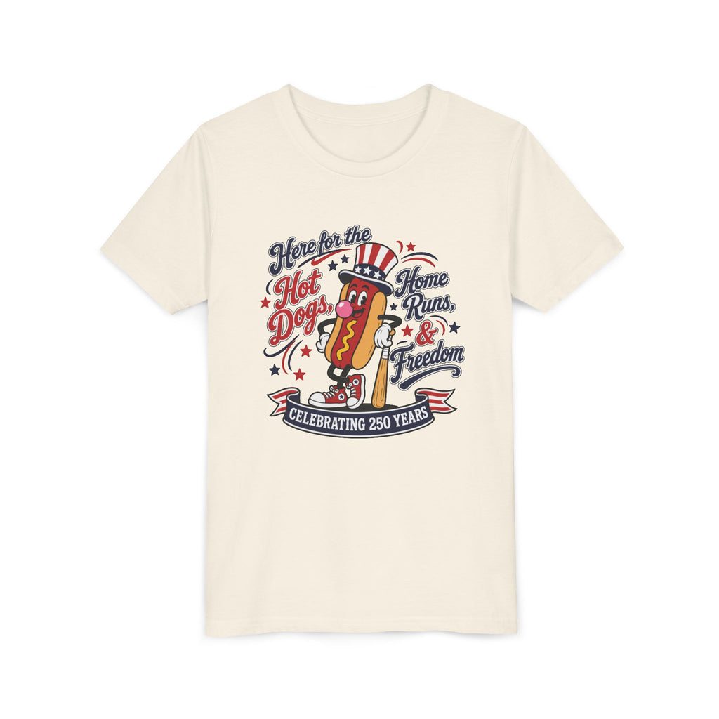 Youth Tee – 'Here for the Hot Dogs, Home Runs & Freedom' Patriotic 4th of July Baseball Shirt