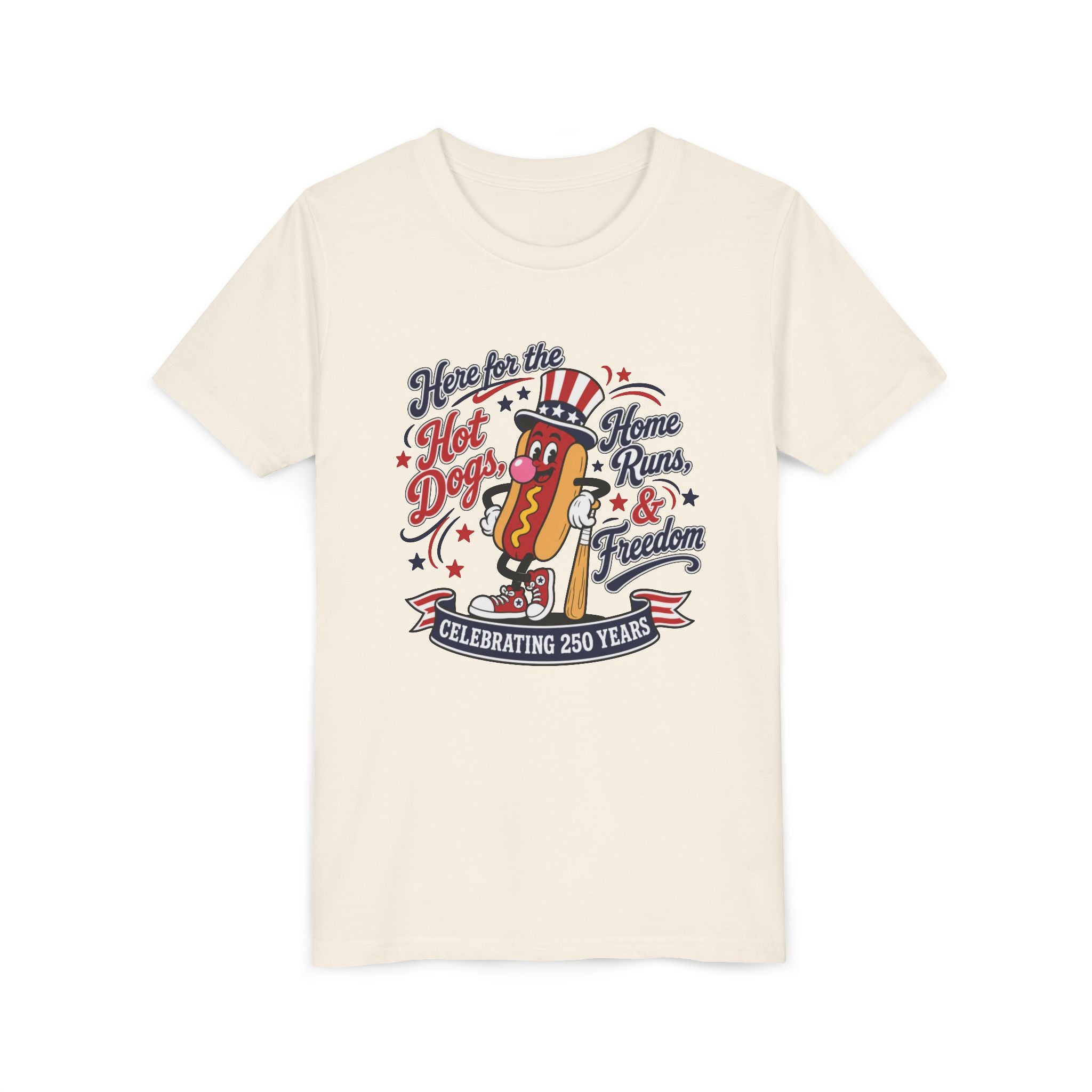 Youth Tee – 'Here for the Hot Dogs, Home Runs & Freedom' Patriotic 4th of July Baseball Shirt