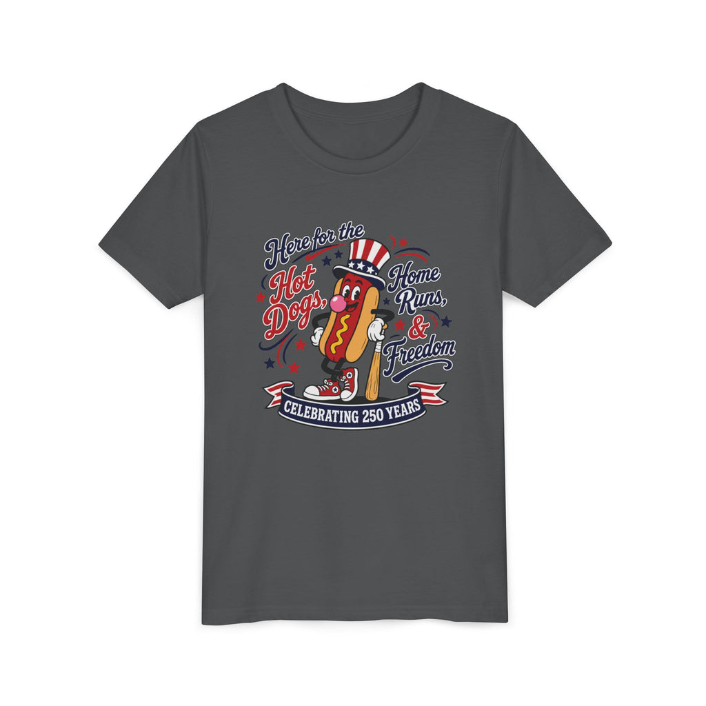 Youth Tee – 'Here for the Hot Dogs, Home Runs & Freedom' Patriotic 4th of July Baseball Shirt