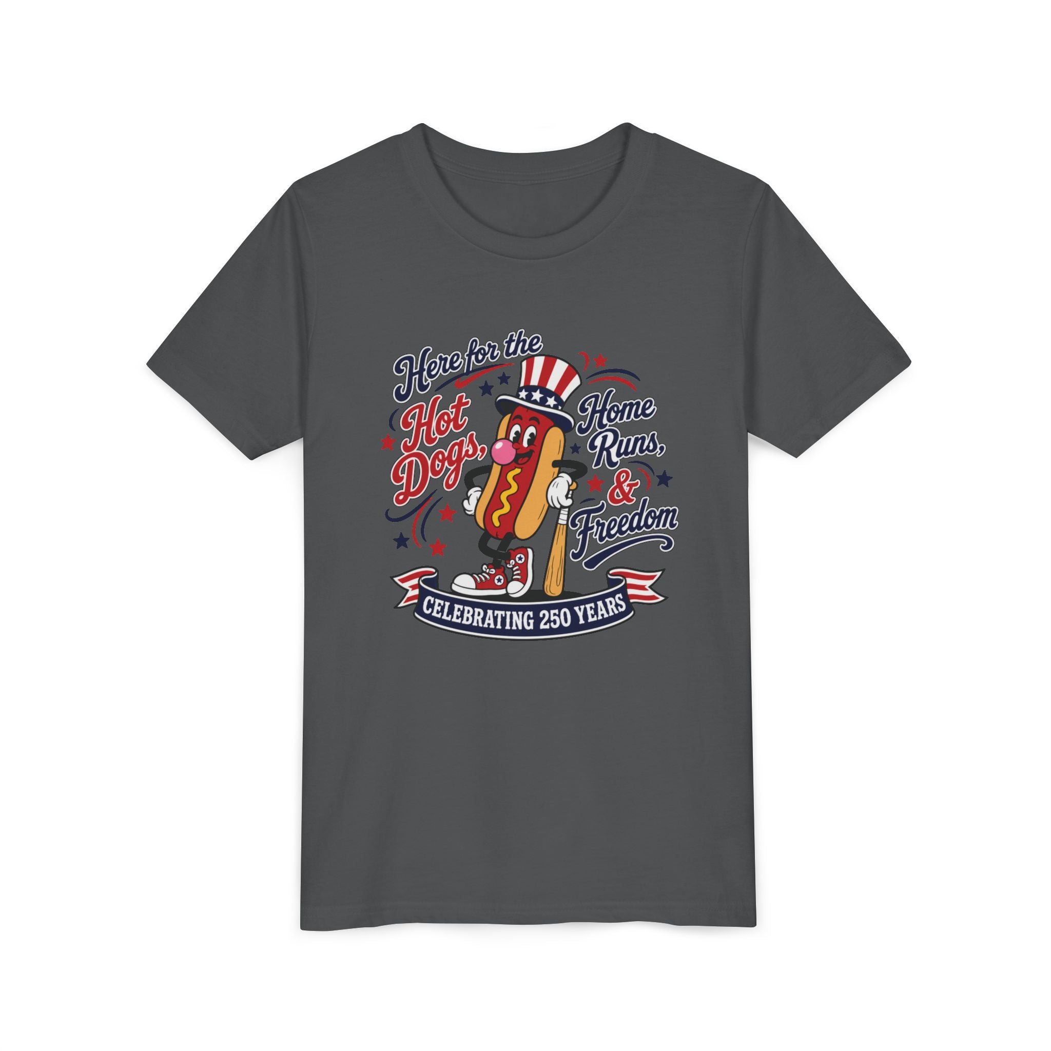 Youth Tee – 'Here for the Hot Dogs, Home Runs & Freedom' Patriotic 4th of July Baseball Shirt