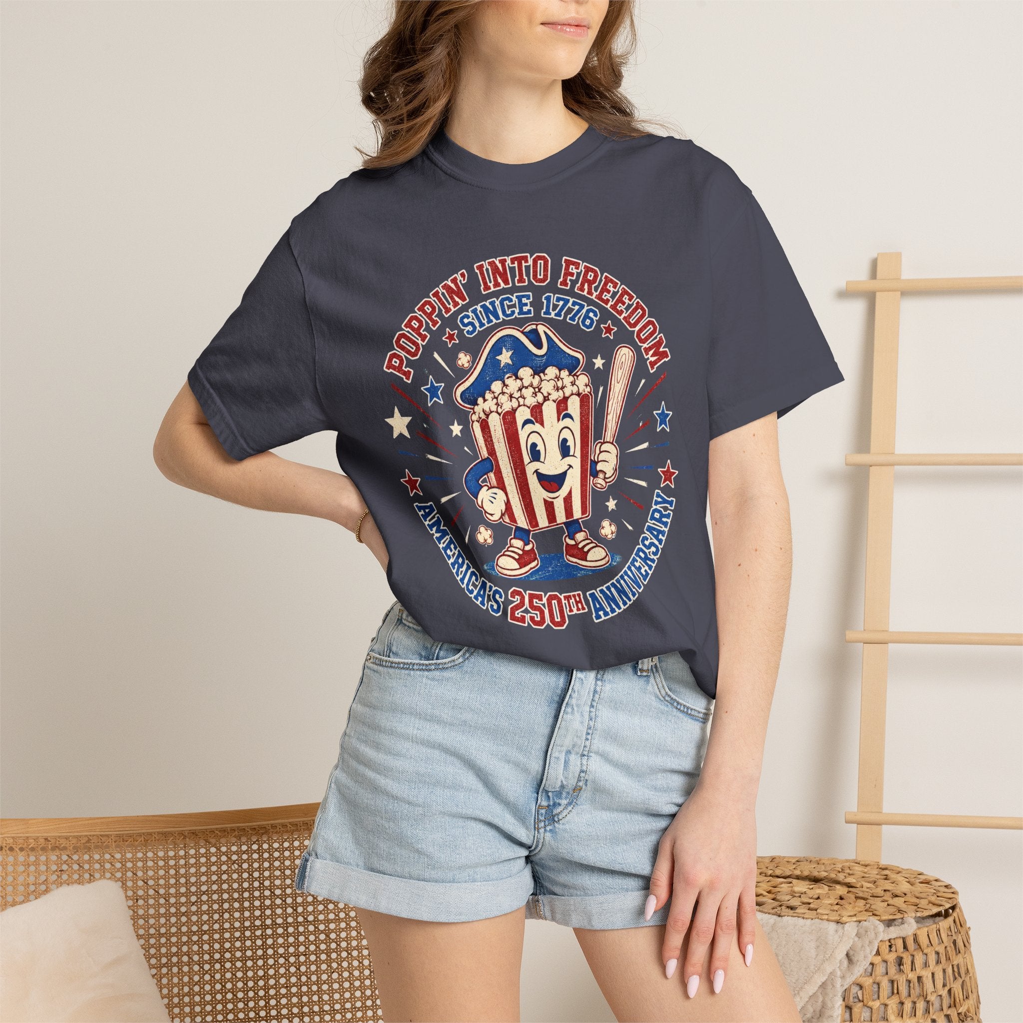T-Shirt — "Poppin' Into Freedom" 250th Anniversary Patriotic Popcorn Tee