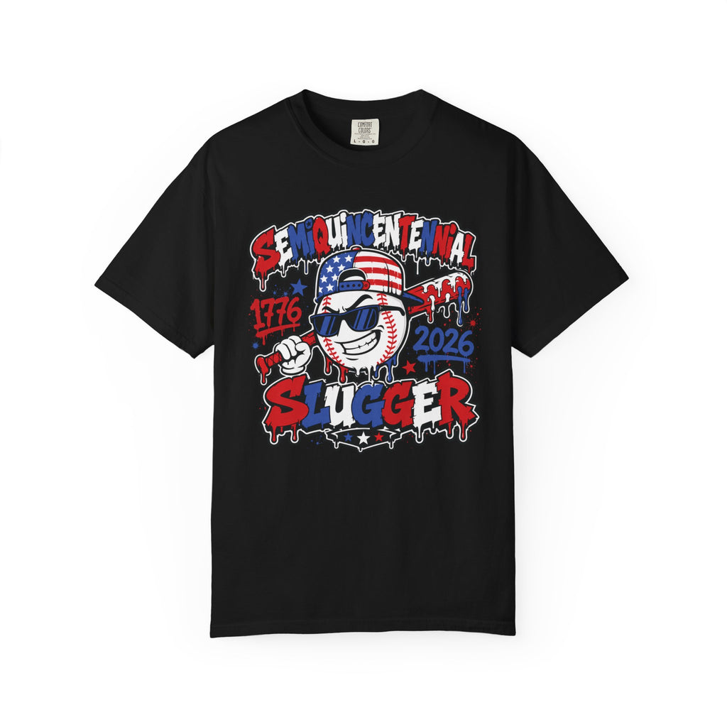 Semiquincentennial Slugger T-Shirt — 1776–2026 Patriotic Baseball Tee
