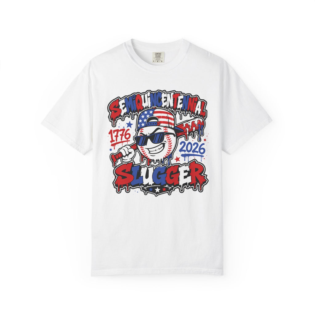 Semiquincentennial Slugger T-Shirt — 1776–2026 Patriotic Baseball Tee