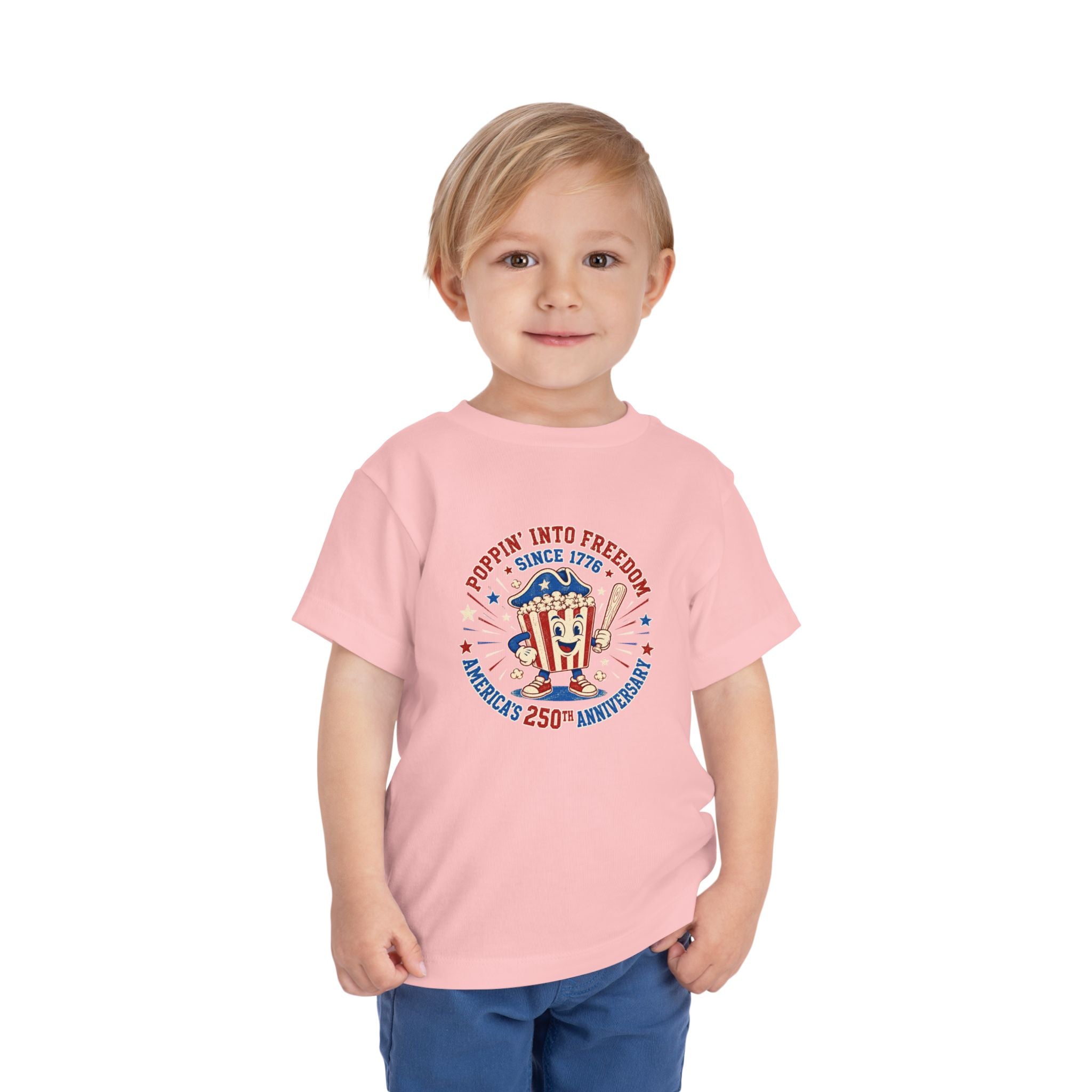 Retro Popcorn Toddler Tee — “Poppin’ Into Freedom” 250th Anniversary Patriotic Popcorn Graphic