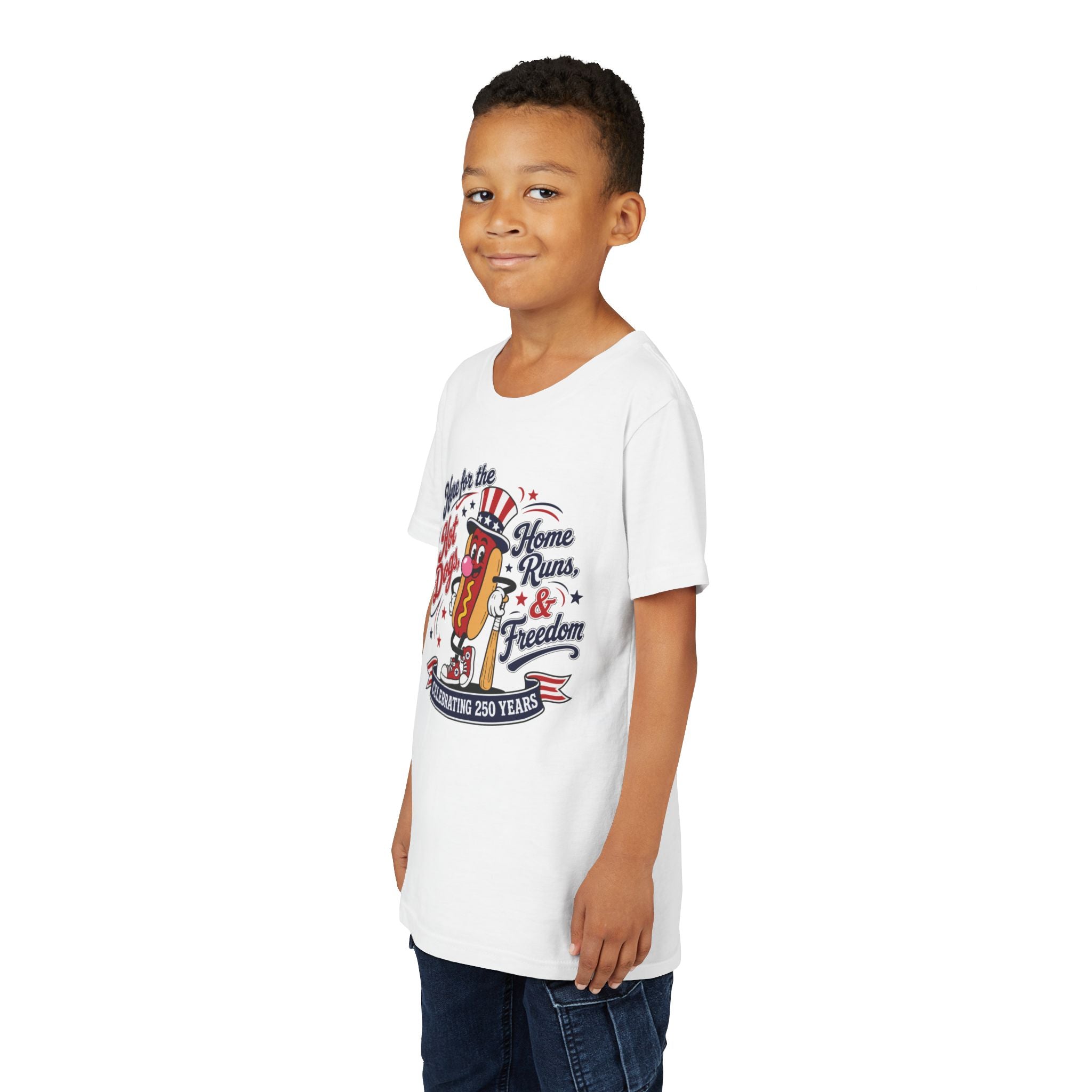 Youth Tee – 'Here for the Hot Dogs, Home Runs & Freedom' Patriotic 4th of July Baseball Shirt