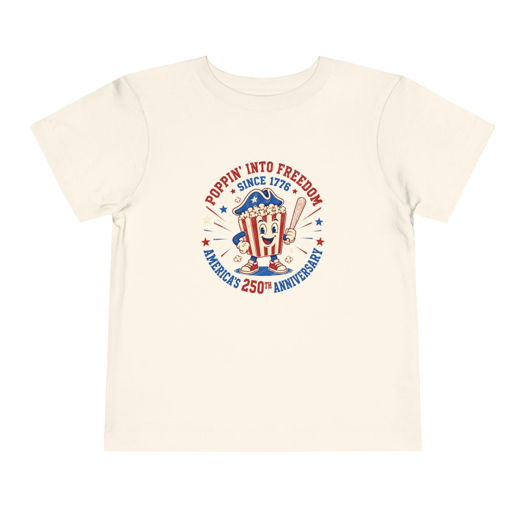 Retro Popcorn Toddler Tee — “Poppin’ Into Freedom” 250th Anniversary Patriotic Popcorn Graphic
