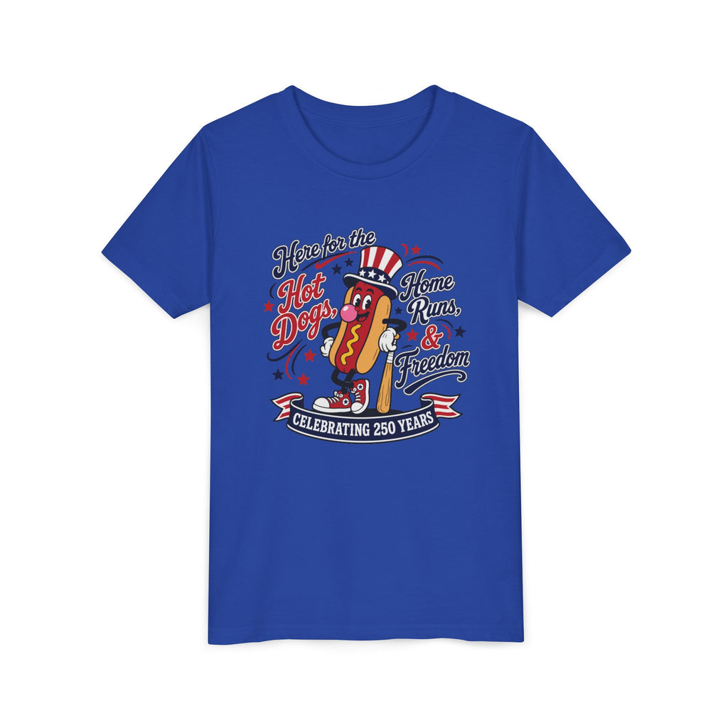 Youth Tee – 'Here for the Hot Dogs, Home Runs & Freedom' Patriotic 4th of July Baseball Shirt