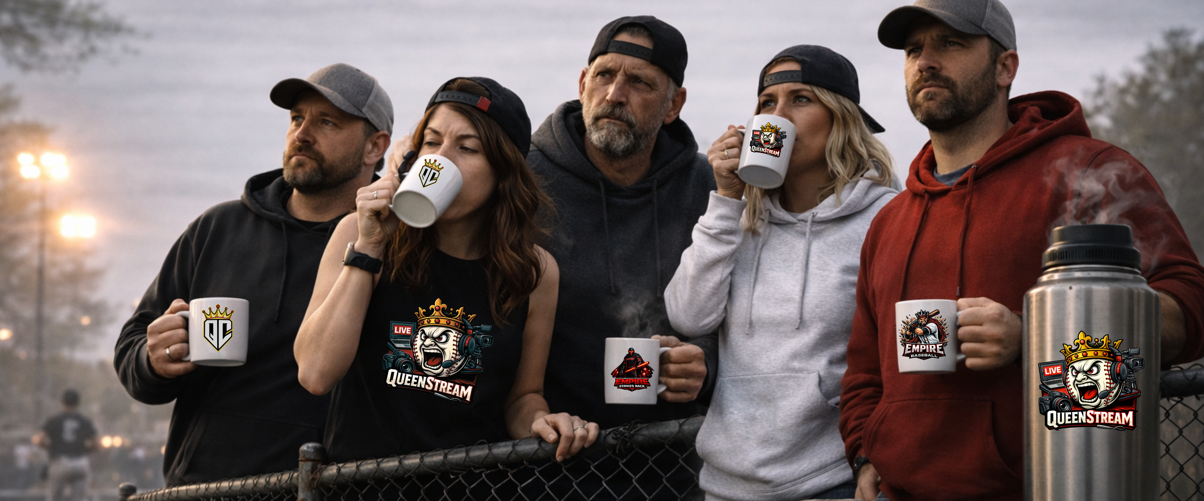 Group of people holding mugs with visible branding in a casual setting