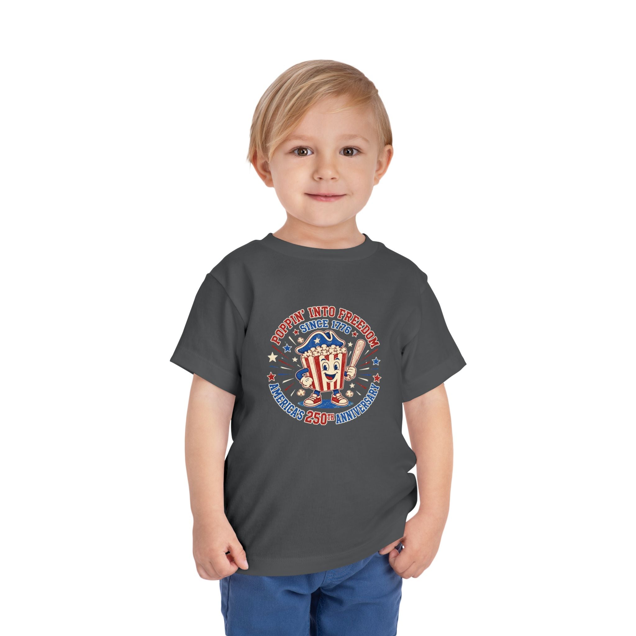 Retro Popcorn Toddler Tee — “Poppin’ Into Freedom” 250th Anniversary Patriotic Popcorn Graphic