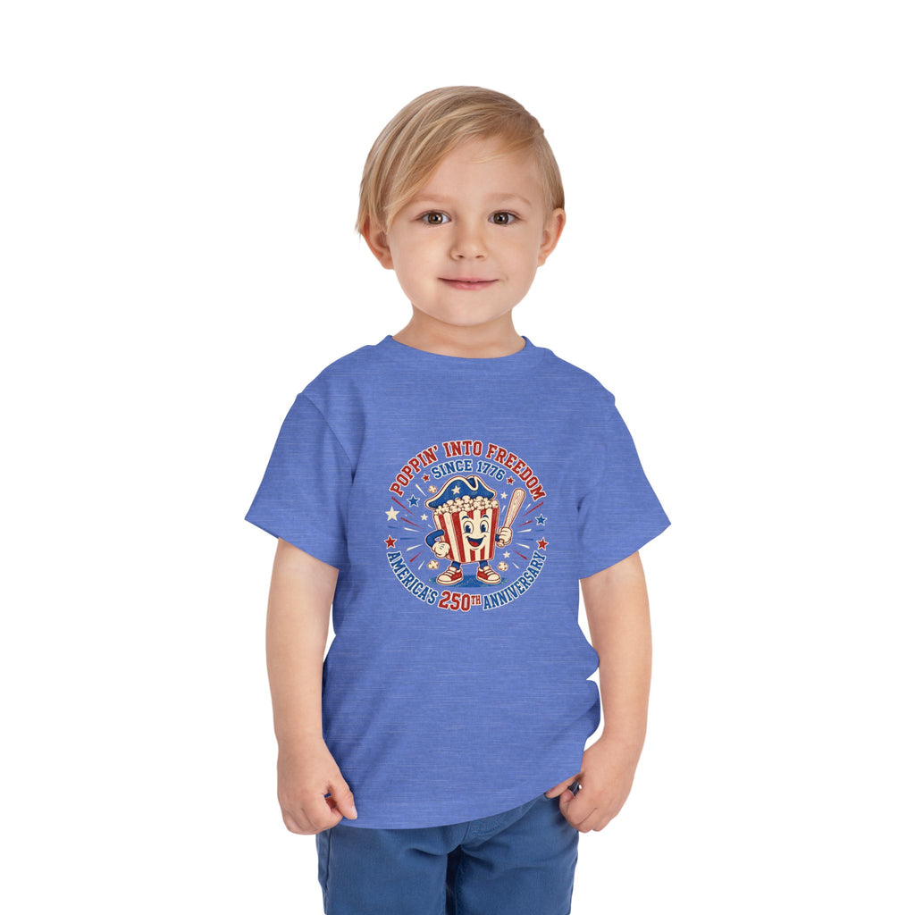 Retro Popcorn Toddler Tee — “Poppin’ Into Freedom” 250th Anniversary Patriotic Popcorn Graphic