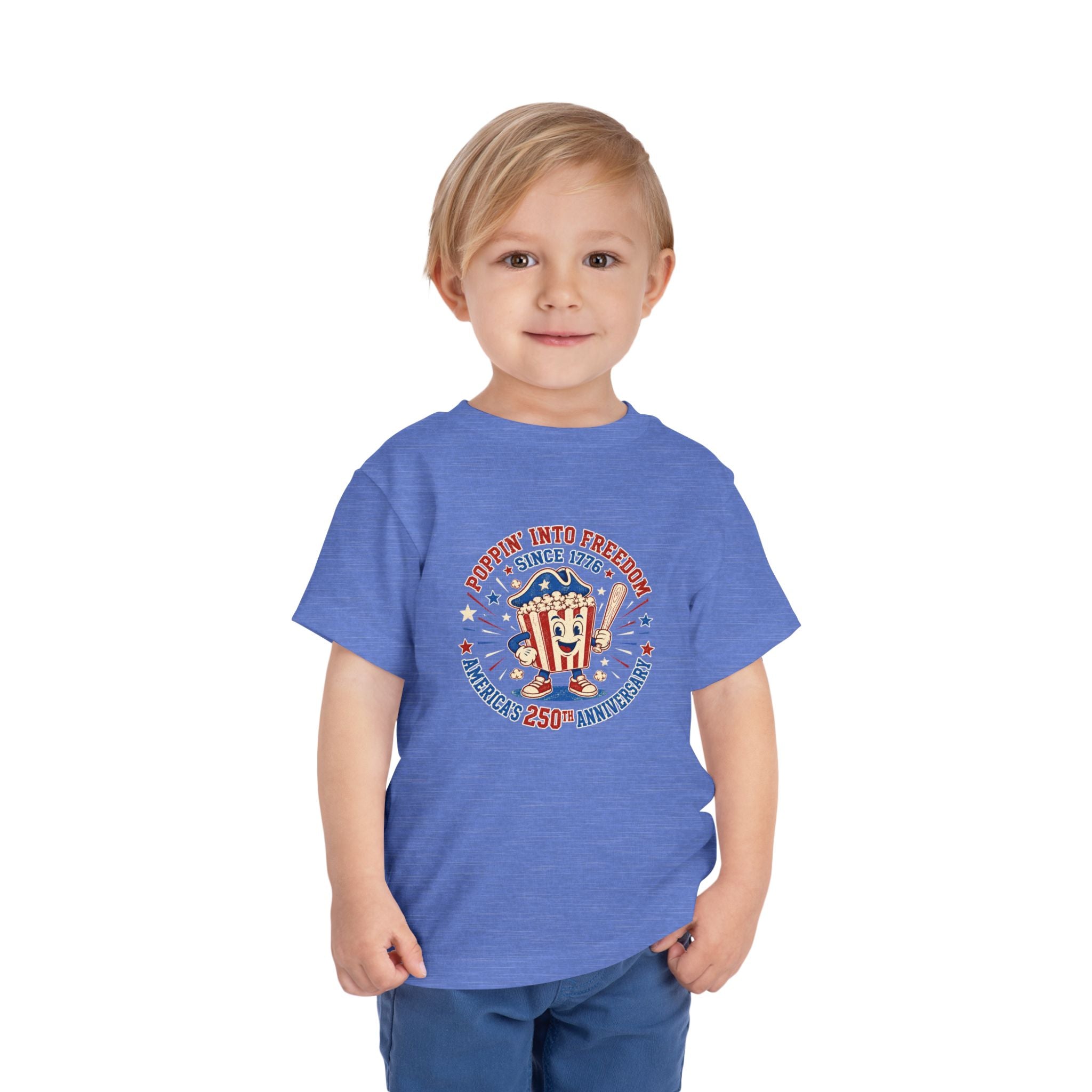 Retro Popcorn Toddler Tee — “Poppin’ Into Freedom” 250th Anniversary Patriotic Popcorn Graphic