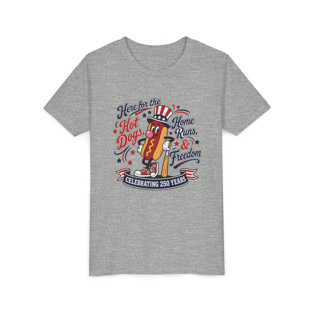 Youth Tee – 'Here for the Hot Dogs, Home Runs & Freedom' Patriotic 4th of July Baseball Shirt