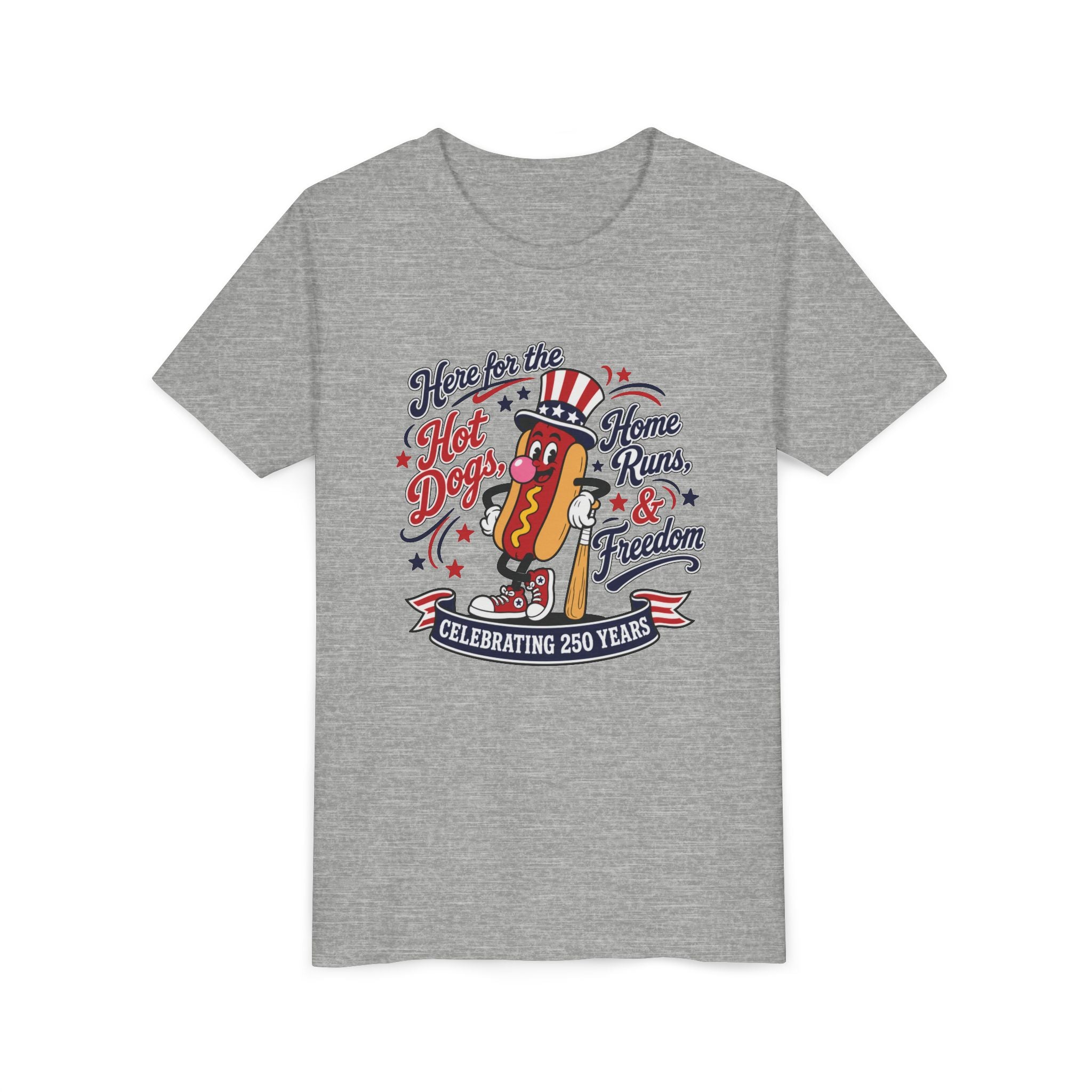 Youth Tee – 'Here for the Hot Dogs, Home Runs & Freedom' Patriotic 4th of July Baseball Shirt