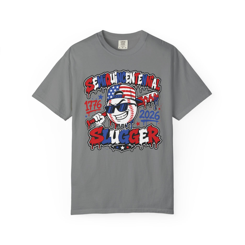 Semiquincentennial Slugger T-Shirt — 1776–2026 Patriotic Baseball Tee