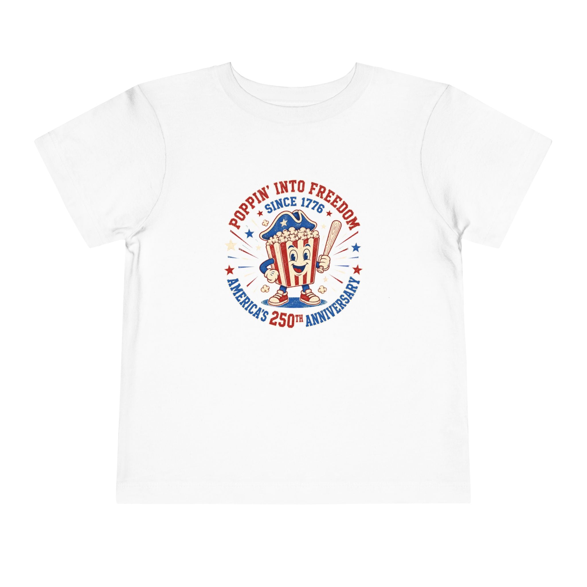 Retro Popcorn Toddler Tee — “Poppin’ Into Freedom” 250th Anniversary Patriotic Popcorn Graphic