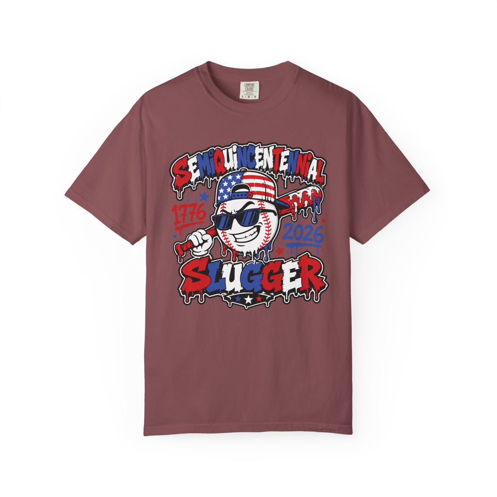 Semiquincentennial Slugger T-Shirt — 1776–2026 Patriotic Baseball Tee