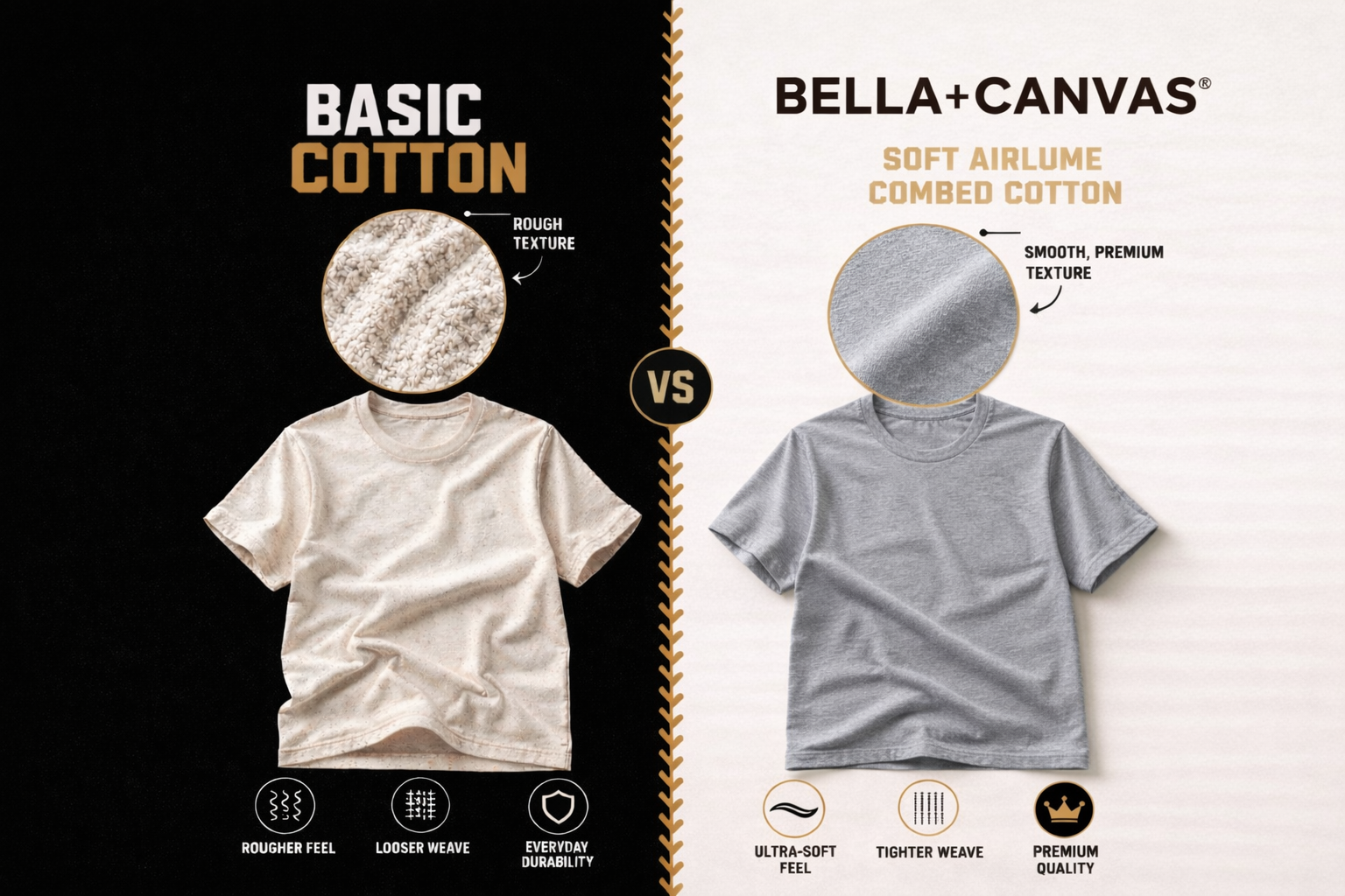 Comparison between Basic Cotton and Bella+Canvas t-shirts on a black and white background.