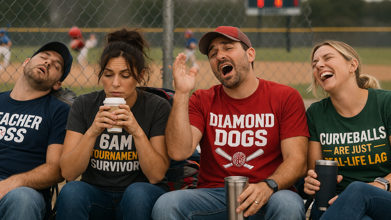 Four people sitting on bleachers at a baseball game, wearing themed t-shirts.