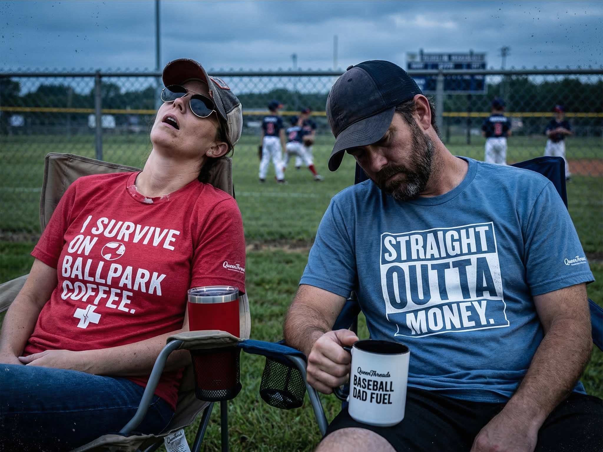 Two people sitting on a baseball field, wearing humorous t-shirts, with a banner at the bottom indicating it's a Shopify homepage banner.