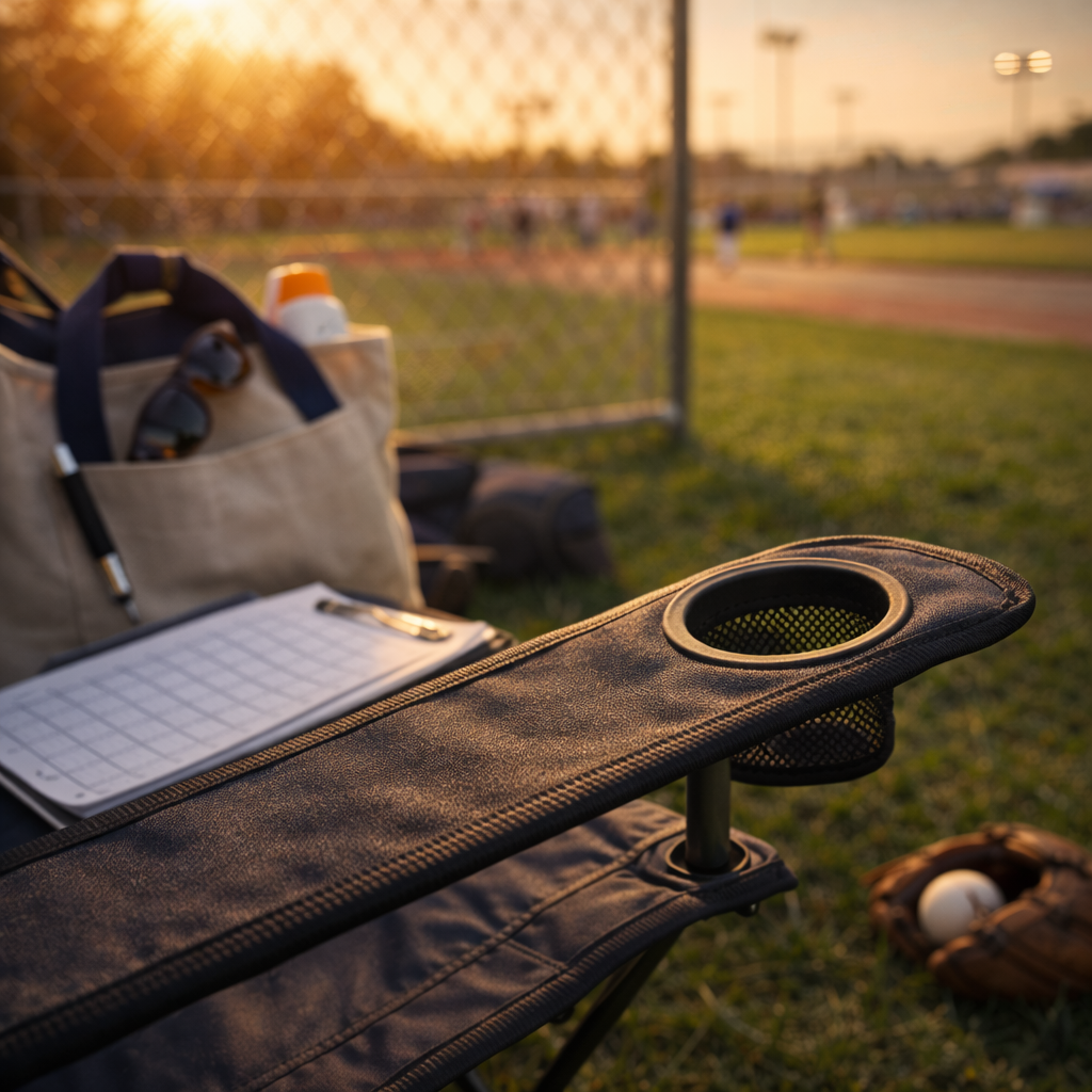 Folding chair with cup holder and laptop on a grassy field at sunset