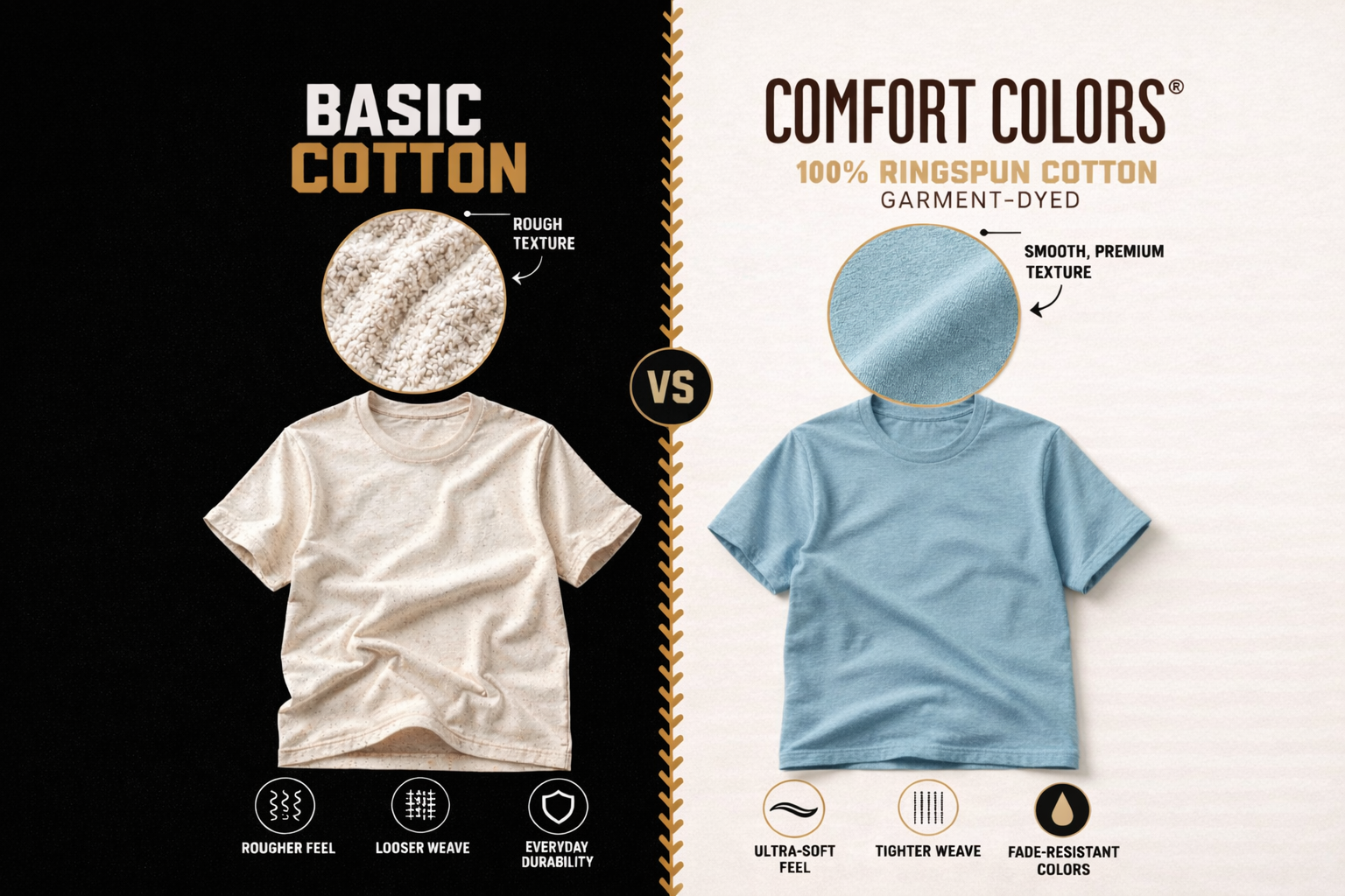 Comparison between Basic Cotton and Comfort Colors 100% Ringspun Cotton Garment-Dyed t-shirts on a black and white background.