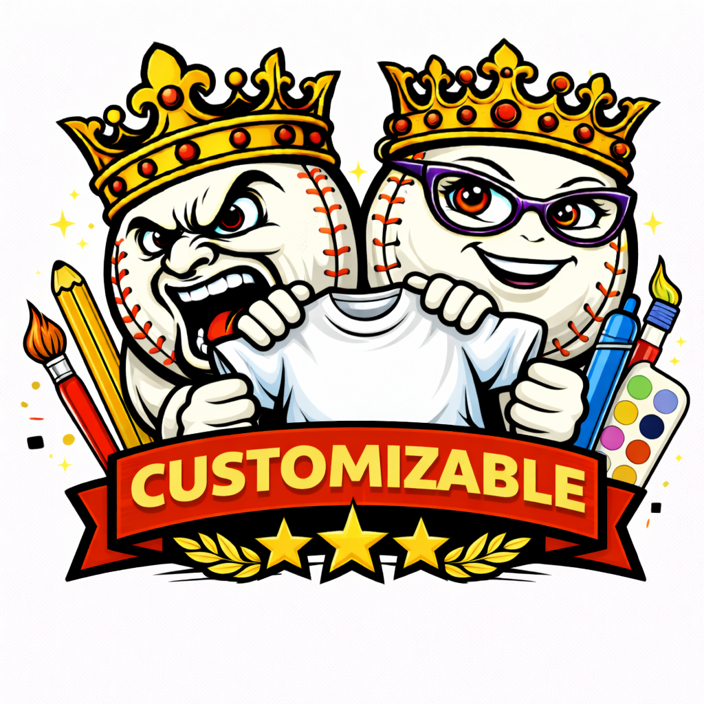Two baseballs with faces, one angry and one happy, holding paintbrushes and an art palette with 'Customizable' text.