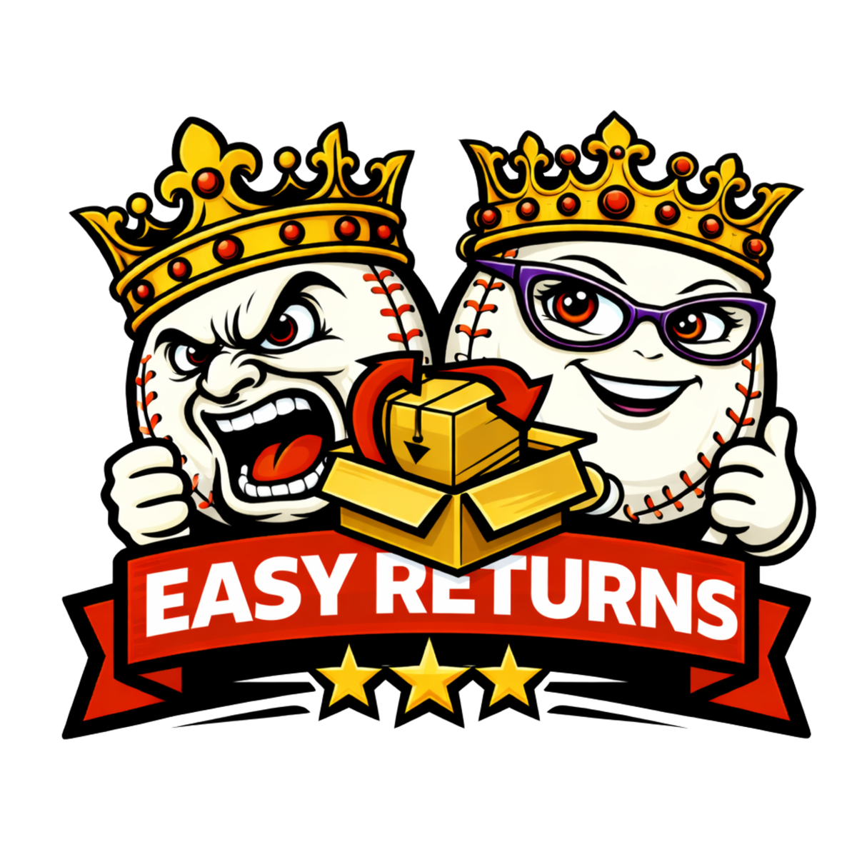 Two baseball characters with crowns holding a gold box, featuring 'Easy Returns' text on a white background.