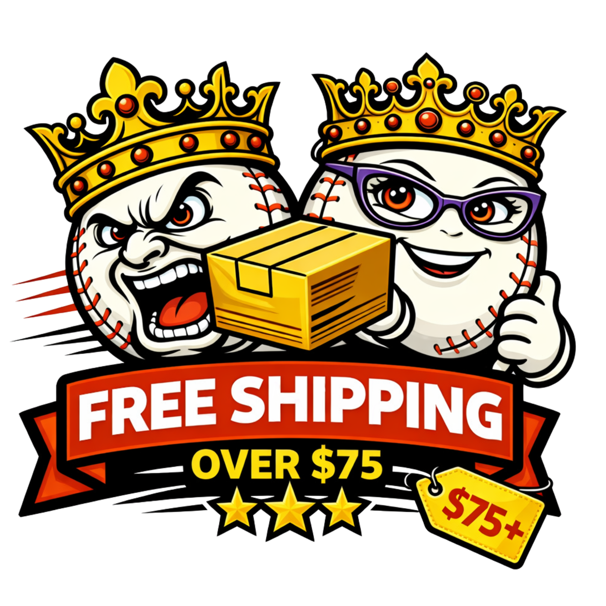 Illustration of two baseballs with crowns, one holding a box, and text about free shipping over $75.