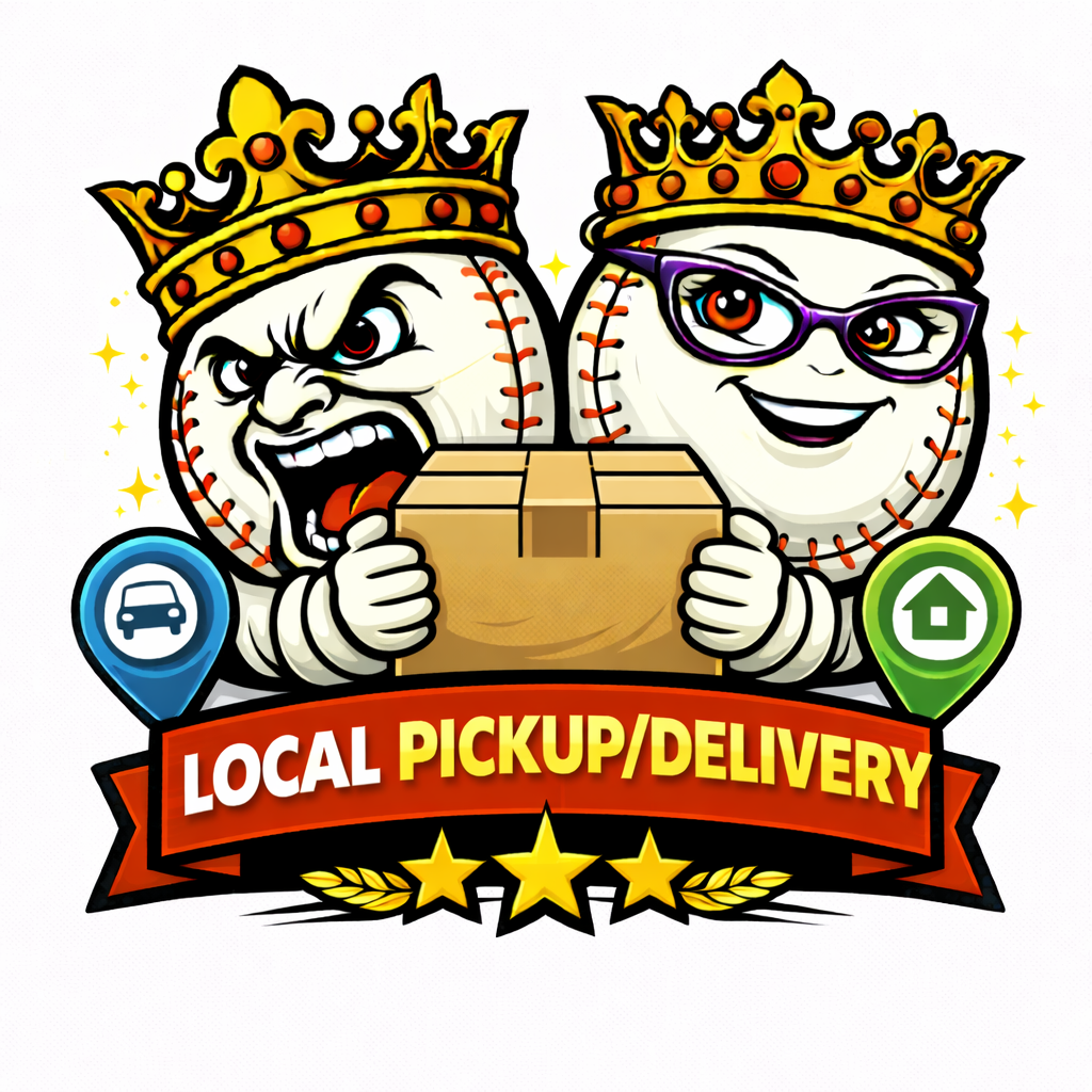 Two baseballs with crowns holding a box, surrounded by icons for local pickup and delivery, and a five-star rating.