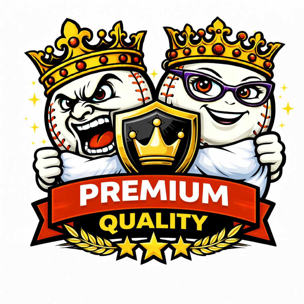 Two baseballs with crowns holding a shield and 'Premium Quality' banner on a white background