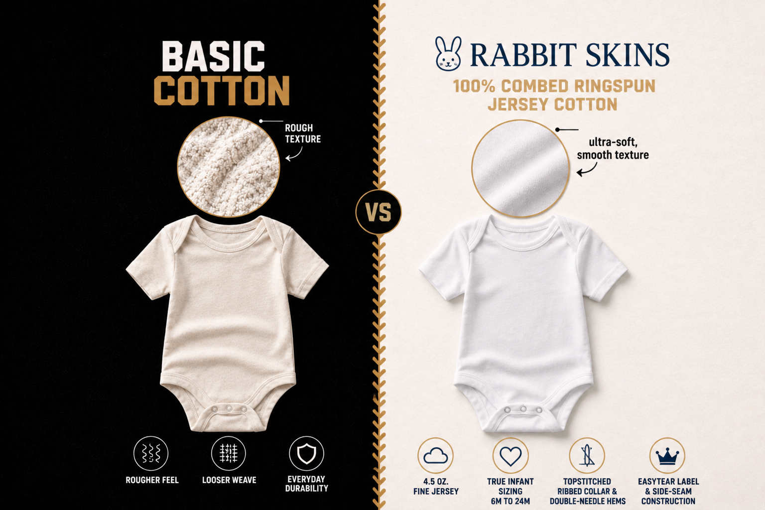 Comparison between Basic Cotton and Rabbit Skins baby onesies with text and icons on a black and white background.