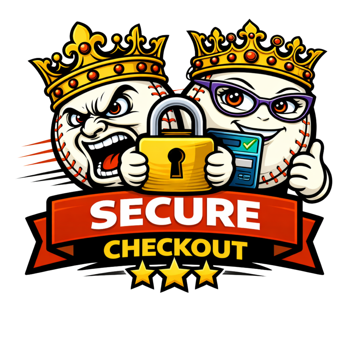 Cartoon baseball characters with crowns holding a lock and a credit card, with 'Secure Checkout' text and stars below.