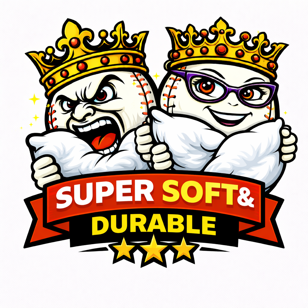 Two baseballs with faces, crowns, and a banner stating 'Super Soft & Durable' on a white background.
