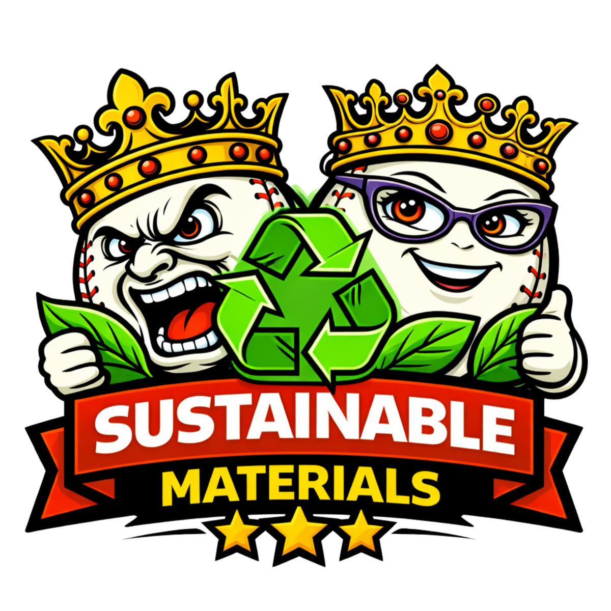 Two cartoon characters with crowns holding a recycling symbol and 'Sustainable Materials' text on a white background.