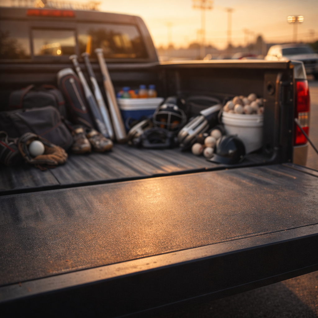 Truck bed with fishing gear at sunset