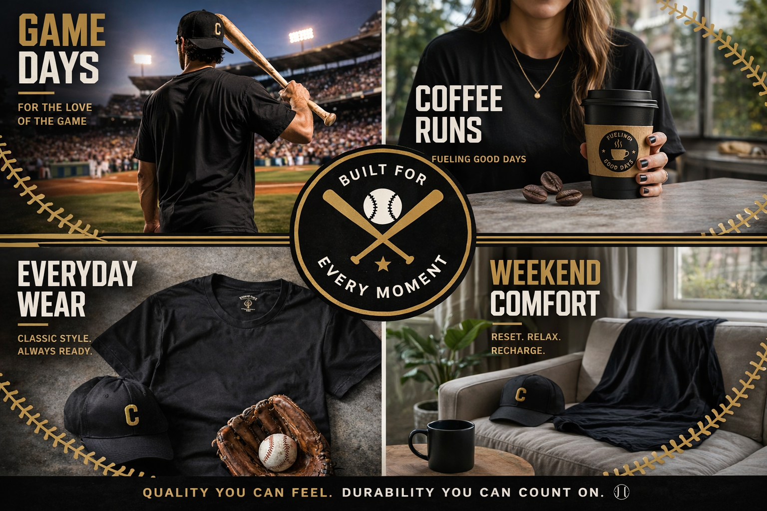 Collage of a baseball player, coffee cup, t-shirt, and couch with 'Built for Every Moment' branding.