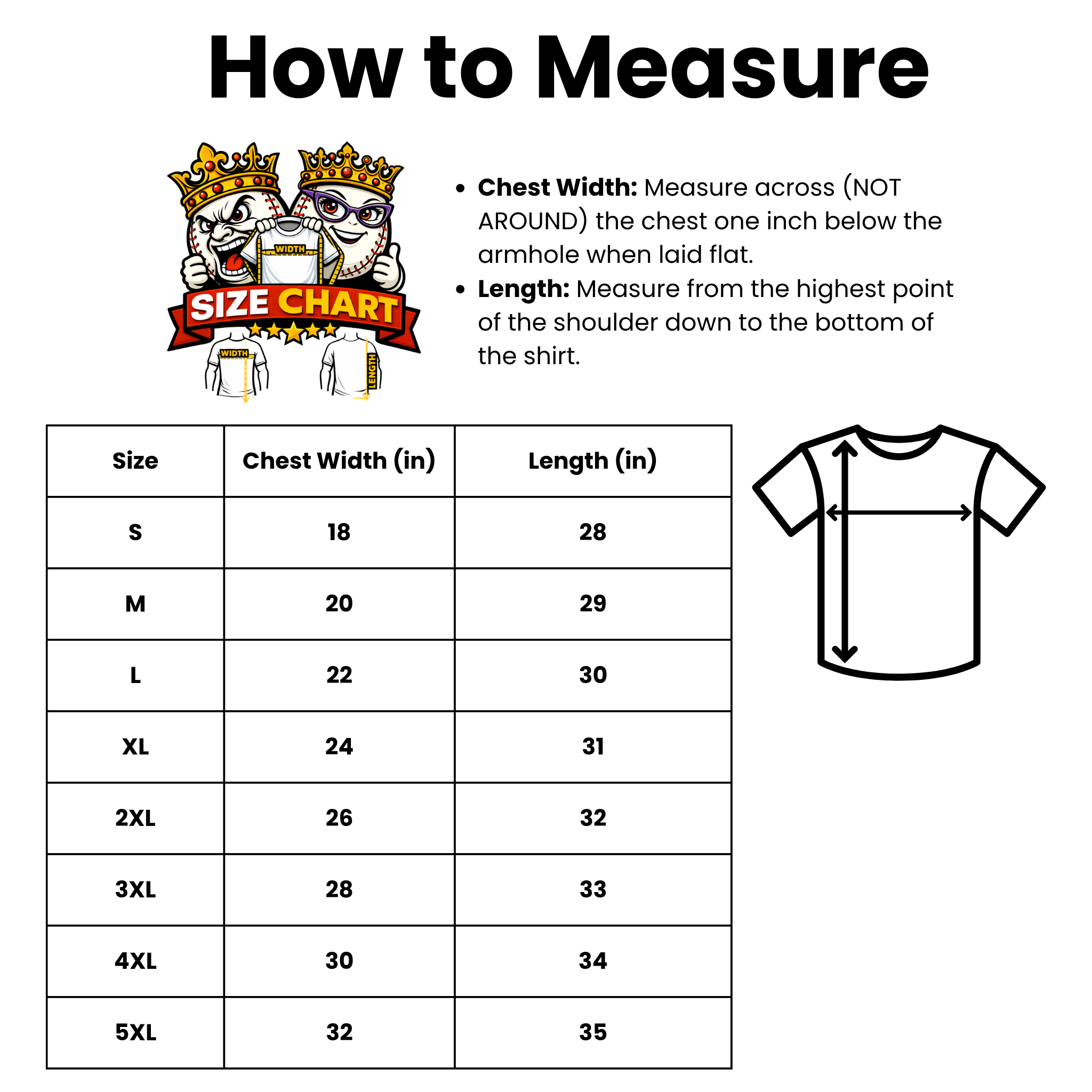Size chart for shirts with measurement instructions and a logo at the top.